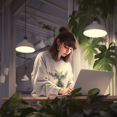 A dark-haired girl with large earrings in her ears, in a white sweatshirt with a pattern, sits at a table at home or at a table in a cafe and works at a laptop. Around a lot of greenery and plants.