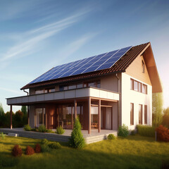 Photovoltaic or solar panels on a detached home with a yard in front of a beautiful sky. Generative AI.