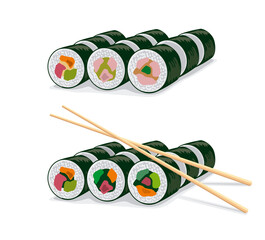 sushi rolls and sushi rolls with sticks