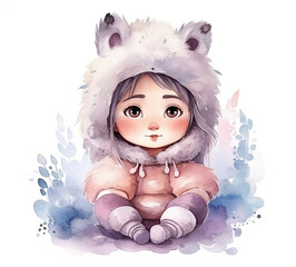 Cute adorable little Eskimo girl character watercolor for clipart, generative ai - obrazy, fototapety, plakaty