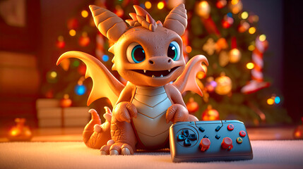 Chinese New Year of the Dragon 2024. New Year poster with cartoon 3D dragon on Christmas tree background. Vector illustration of a dragon with a joystick. Gadgets for computer games. Generative AI