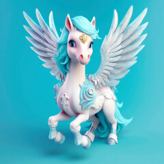 Magic fairy tale character pegasus 3d illustration for children. Magic fairytale pegasus print for clothes, stationery, books, merchandise. Toy Pegasus 3D character banner, background. Generative ai.	