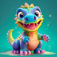 Cartoon character dinosaur 3d illustration for children. Cute fairytale dinosaur print for clothes,...