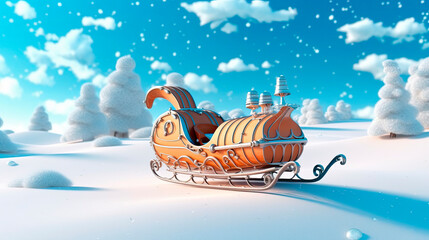 Naklejka premium Sleigh with gifts on a winter snowy background. Santa's sleigh with New Year's gifts. Delivery of Christmas gifts. New Year's card. Christmas card. Holiday delivery. Generative ai