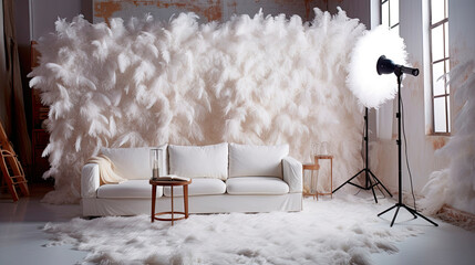 Photo studio with white feather decorations, white sofa, pillows. Professional decor studio. Photozone white feathers. White background. Lots of feathers are flying around the room. Generative ai.