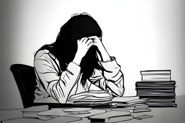 Academic Stress Depressed Female Student Struggling with Workload and Stress With Desk Full Of Paperwork And Textbooks Pop Cartoon style