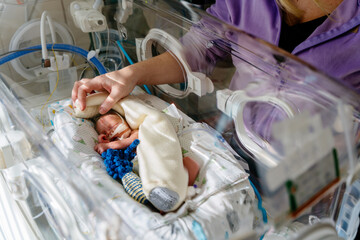 Unrecognizable mother touch and care premature baby placed in a medical incubator. Neonatal...