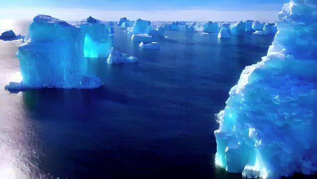 North Pole Landscape with large icebergs
Massive ice chunks glaciers in north pole sea, 2023
