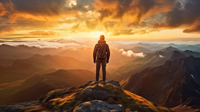 Hiker on top of the mountain on vibrant sunset background. AI generated. © Viktor