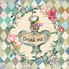 Alice in Wonderland style watercolor  floral frame on grunge diamond victorian background