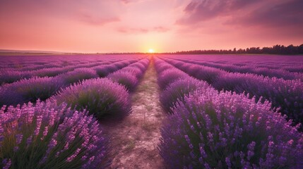 Obraz na płótnie Canvas a field of lavender flowers with the sun setting in the background. generative ai