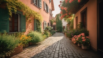 Fototapeta na wymiar a cobblestone street with potted plants and flowers. generative ai