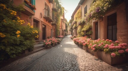 Fototapeta na wymiar a cobblestone street with flower boxes on each side. generative ai