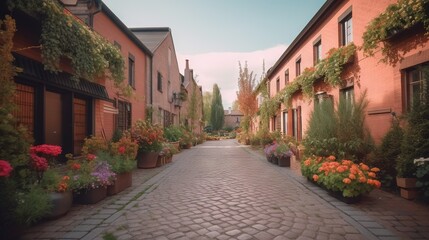 Fototapeta na wymiar a cobblestone street lined with potted plants and flowers. generative ai
