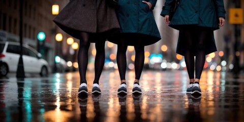 Reflection of girls wearing casual sneakers in water puddle. Unknown women passed small puddle. reflection of female legs in puddle on the pavement in city street. Rainy weather concept. Generative AI