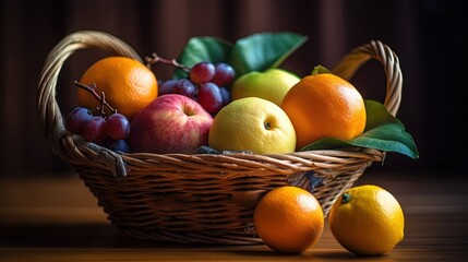 Fototapeta na wymiar a wicker basket filled with assorted fruit on a table. generative ai