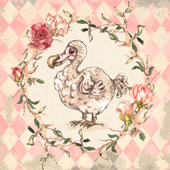 Alice in Wonderland style watercolor  floral frame on grunge diamond victorian background © onanana