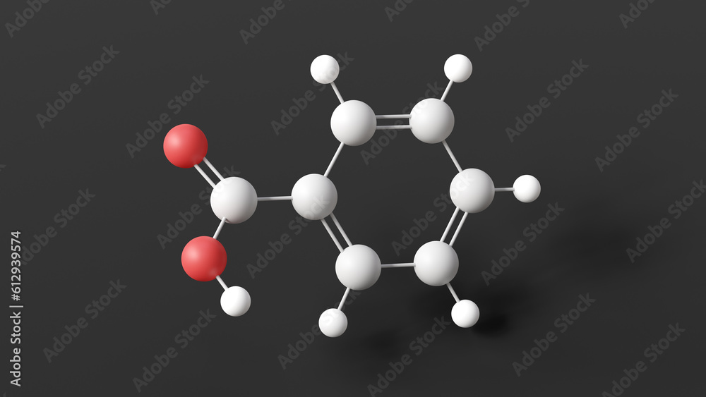 Wall mural benzoic acid molecule, molecular structure, aromatic carboxylic acid, ball and stick 3d model, structural chemical formula with colored atoms