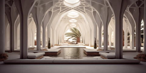 Fototapeta premium Islamic architecture interior, water, mosque, palace. Generative AI