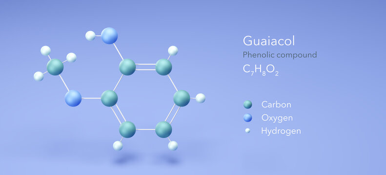 guaiacol molecule, molecular structures, phenolic compound, 3d model, Structural Chemical Formula and Atoms with Color Coding