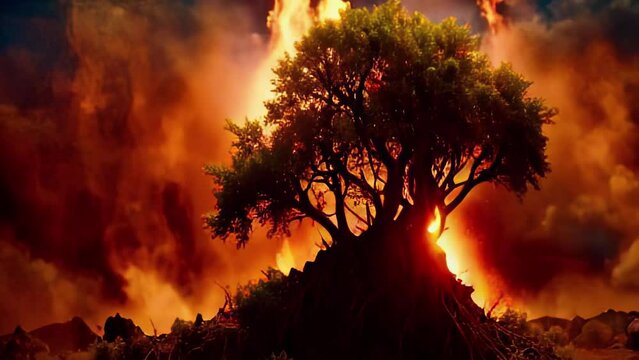 The burning bush from The bible, dramatic view
Slow motion cinematic view, 2023
