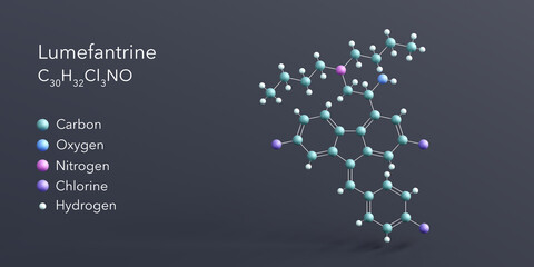 lumefantrine molecule 3d rendering, flat molecular structure with chemical formula and atoms color coding