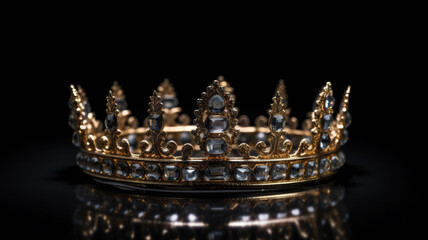 A magnificent crown of king or queen decorated with precious stones. A crown of yellow and white gold. Created with Generative AI technology.
