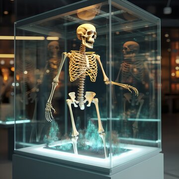 Human skeleton on display in the museum. Generative AI