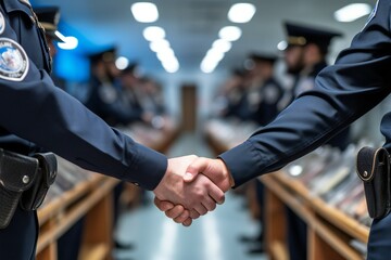Friendly handshake of two policemen. Generative AI - obrazy, fototapety, plakaty