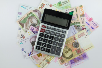 calculator and hryvnia. Ukrainian money