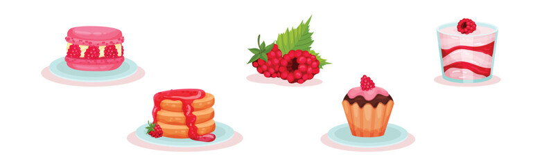 Raspberry Sweet Treat and Dessert with Ripe Juicy Berry Vector Set