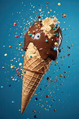 cono de helado de chocolate y crema sobre fondo azul. ilustracion de ia generativa - obrazy, fototapety, plakaty