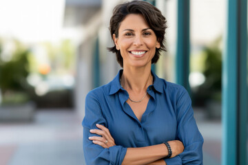 Smiling young woman standing on street Generative AI