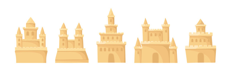 Built Sand Castle with Towers and Castellation Wall Vector Set