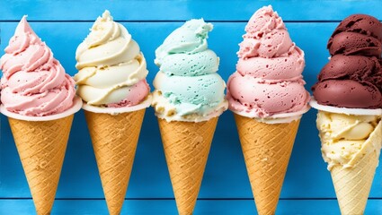 Ice cream cones in a variety of flavours, generative ai - obrazy, fototapety, plakaty