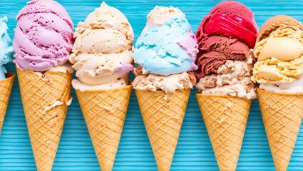 Ice cream cones in a variety of flavours, generative ai - obrazy, fototapety, plakaty
