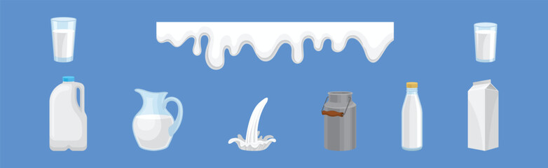 Milk White Liquid Food and Dairy Product Vector Set