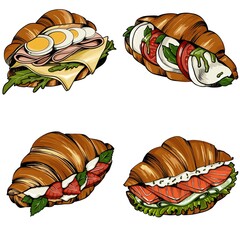 colourful Croissant comic set. delicious snack outline. isolated illustration, trendy design for cafe menu or logo.