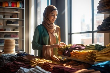 Dedicated small business owner arranging garments in a clothing boutique. Generative AI.