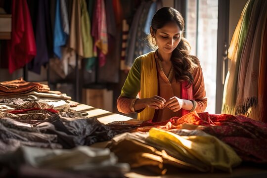 Dedicated small business owner arranging garments in a clothing boutique. Generative AI.