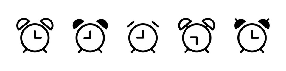 Alarm clock icon set. Alarm horologe, time alarm sign collection - obrazy, fototapety, plakaty