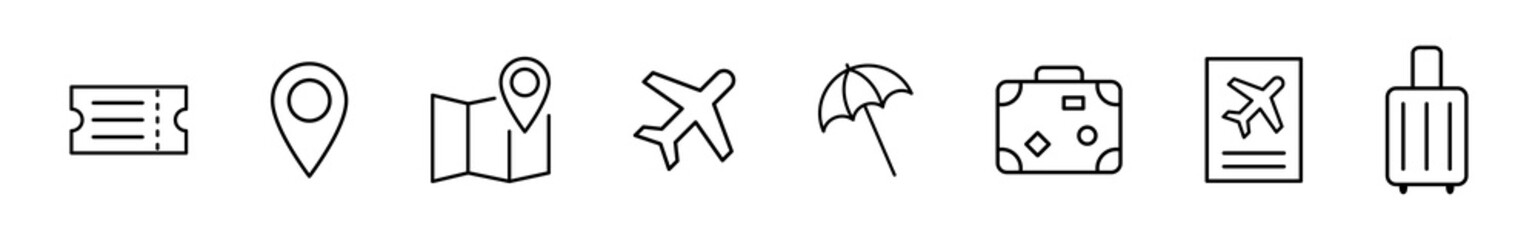 Travel, trip and tourism icon set. Vacation signs. Beach sunshade, suitcase, map, ticket, passport,...