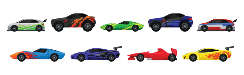 Different Colorful Sport Racing Car Side View Vector Set