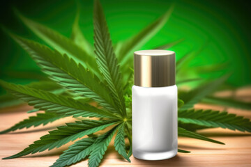 Cosmetics cannabis oil. Marijuana leaf with one cosmetic lotion jar mockup. AI generative