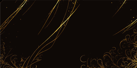 Black luxury background with golden line elements and light ray effect decoration and bokeh.