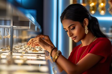 Meticulous Female Small Business Owner Polishing Rings in Futuristic Jewelry Store. Generative AI.