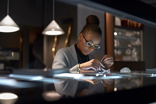 Meticulous Female Small Business Owner Polishing Rings in Futuristic Jewelry Store. Generative AI.