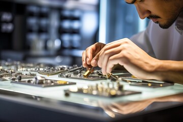 Fototapeta premium Skilled Male Business Owner Polishing Delicate Rings in Futuristic Jewelry Store. Generative AI.