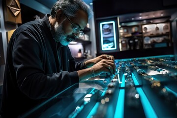 Skilled Male Business Owner Polishing Delicate Rings in Futuristic Jewelry Store. Generative AI.