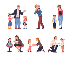 Obraz premium Mother and Father Talking to Their Child Supporting and Soothing Him Vector Set